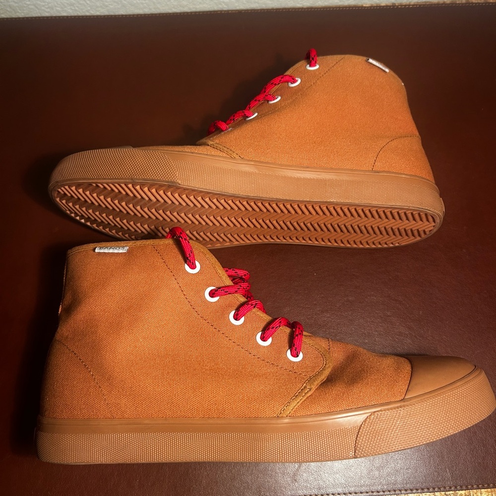 BANGS- Men's Tan Sneakers with Red Accents